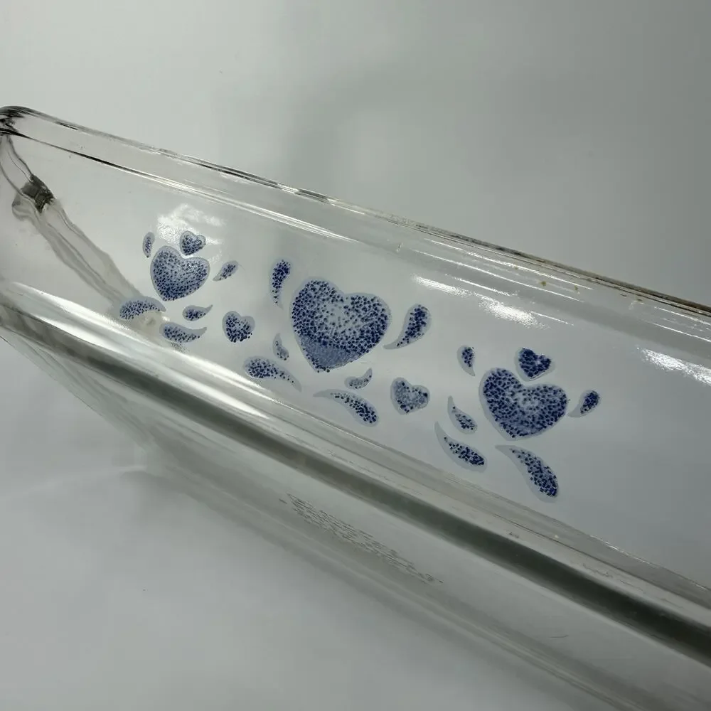 Vtg 90s RARE Blue Hearts 8x11 Glass Baking Dish Cake Pan Anchor Hocking Cottage
